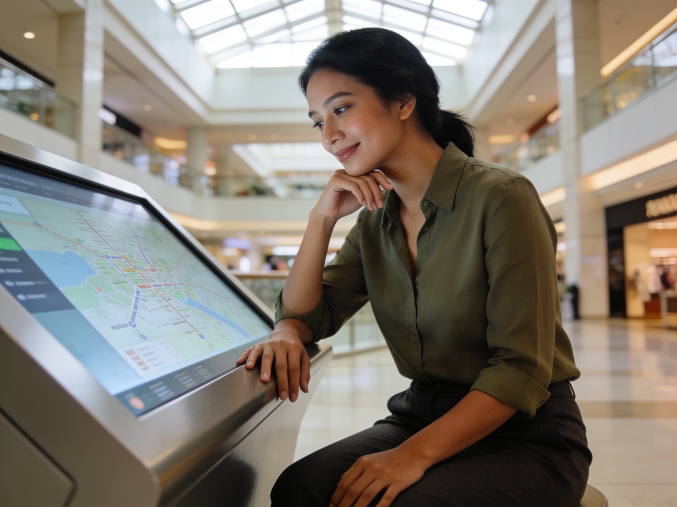 Pengunjung memeriksa peta digital untuk fasilitas belanja mall modern