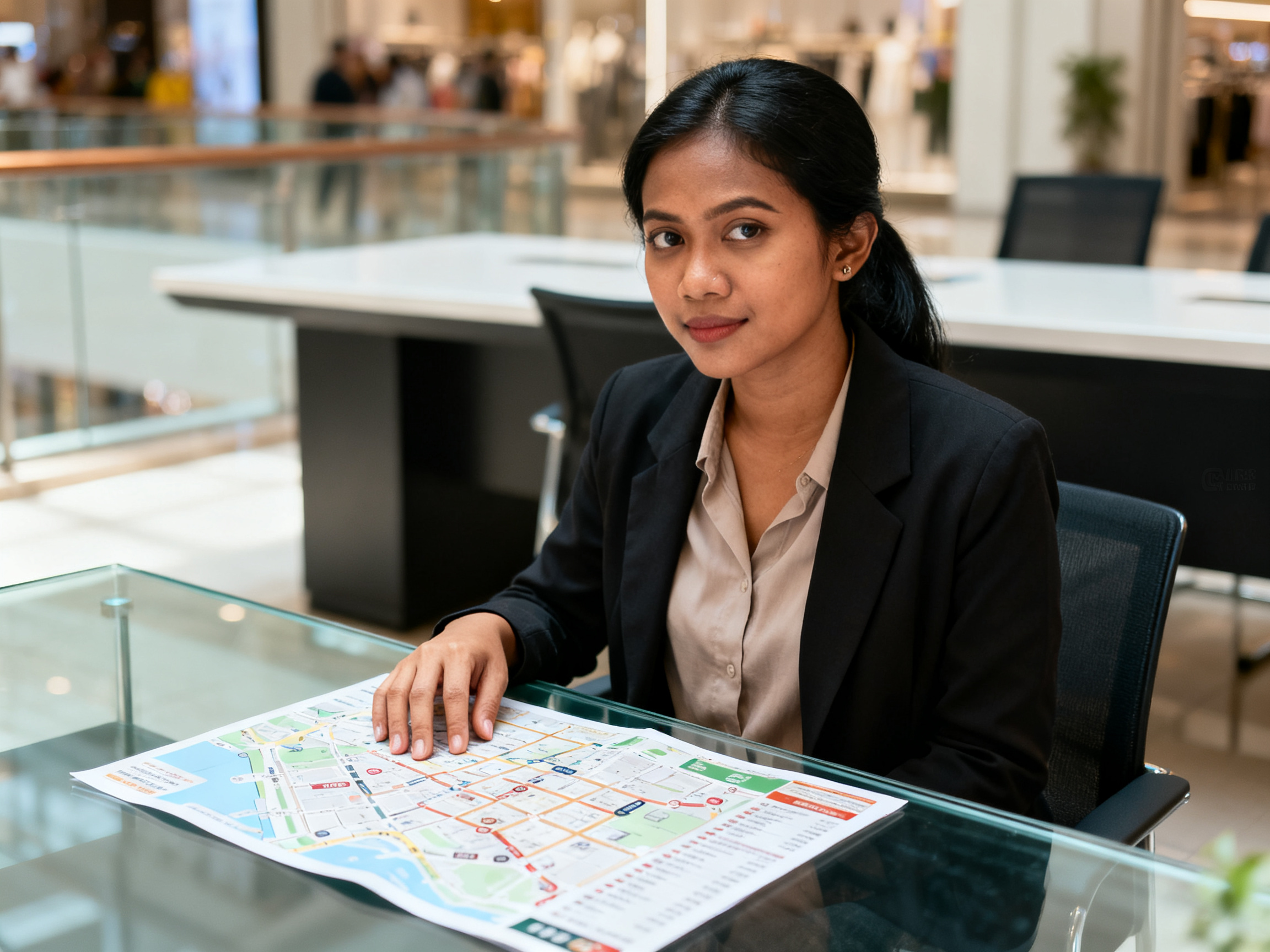 potensi bisnis ritel modern terlihat pada wanita Indonesia memeriksa peta mall di meja